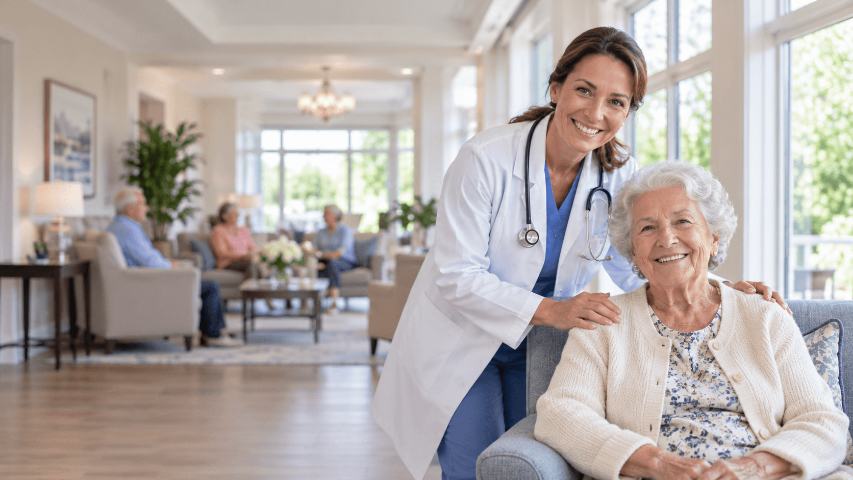 Smiling physician with her hand on the shoulder of an older resident in a nursing home lounge.