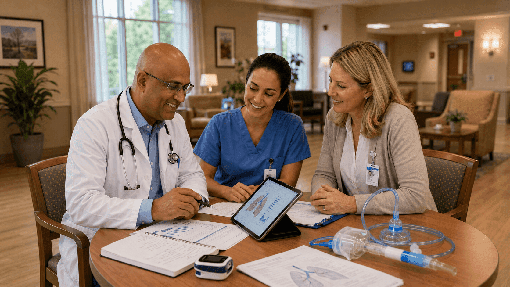 A Summit physician reviewing a respiratory care plan with facility nursing staff.